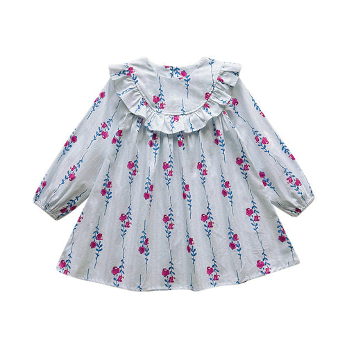 Baby Kids Girls Floral Pattern Long Sleeves Crew Neck Dress