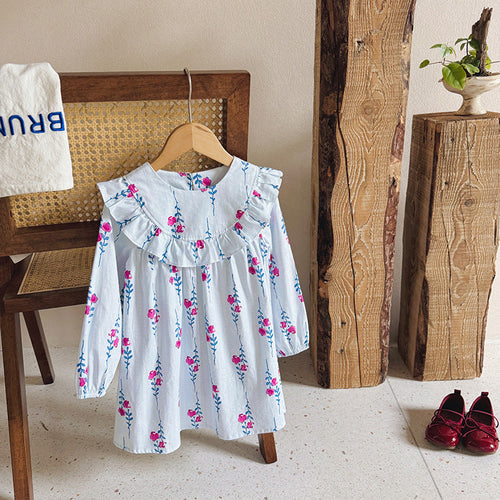 Baby Kids Girls Floral Pattern Long Sleeves Crew Neck Dress