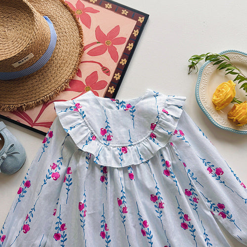 Baby Kids Girls Floral Pattern Long Sleeves Crew Neck Dress